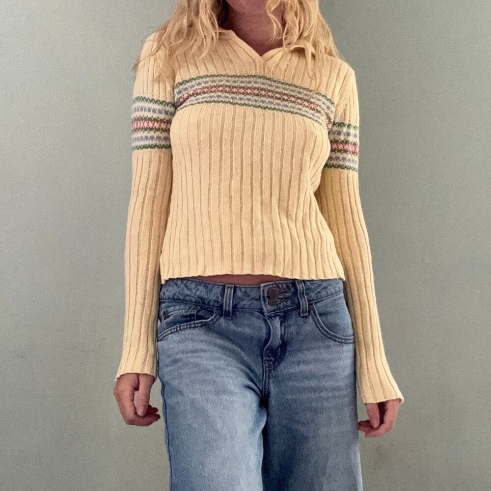 Vintage Y2k Aeropostale Ribbed Knit Collared Polo Sweater Yellow Size Medium